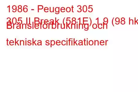 1986 - Peugeot 305
305 II Break (581E) 1,9 (98 hk) Bränsleförbrukning och tekniska specifikationer