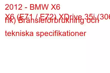 2012 - BMW X6
X6 (E71 / E72) XDrive 35i (306 hk) Bränsleförbrukning och tekniska specifikationer