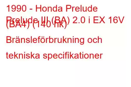 1990 - Honda Prelude
Prelude III (BA) 2.0 i EX 16V (BA4) (140 hk) Bränsleförbrukning och tekniska specifikationer