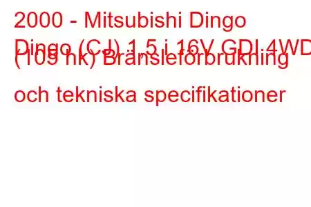 2000 - Mitsubishi Dingo
Dingo (CJ) 1,5 i 16V GDI 4WD (105 hk) Bränsleförbrukning och tekniska specifikationer