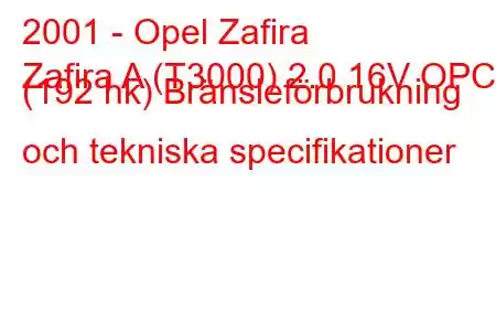 2001 - Opel Zafira
Zafira A (T3000) 2.0 16V OPC (192 hk) Bränsleförbrukning och tekniska specifikationer