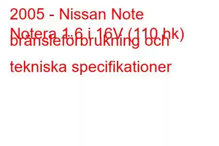 2005 - Nissan Note
Notera 1.6 i 16V (110 hk) bränsleförbrukning och tekniska specifikationer