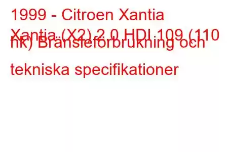 1999 - Citroen Xantia
Xantia (X2) 2.0 HDI 109 (110 hk) Bränsleförbrukning och tekniska specifikationer