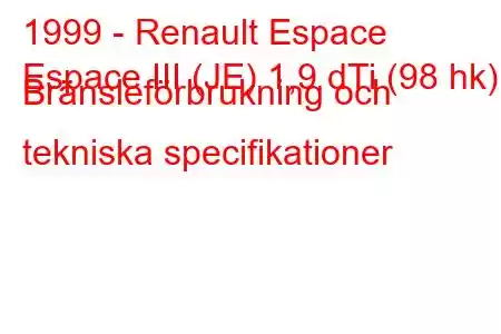 1999 - Renault Espace
Espace III (JE) 1,9 dTi (98 hk) Bränsleförbrukning och tekniska specifikationer