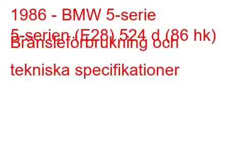 1986 - BMW 5-serie
5-serien (E28) 524 d (86 hk) Bränsleförbrukning och tekniska specifikationer