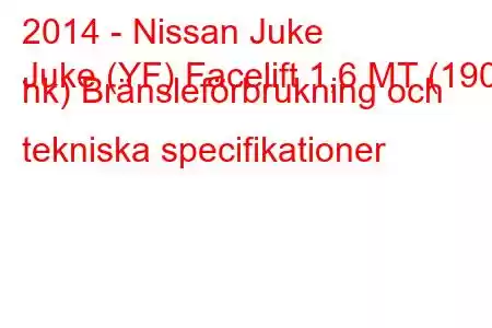 2014 - Nissan Juke
Juke (YF) Facelift 1,6 MT (190 hk) Bränsleförbrukning och tekniska specifikationer