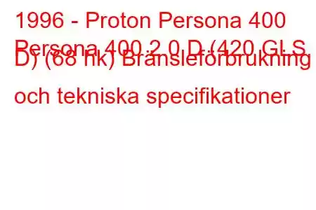 1996 - Proton Persona 400
Persona 400 2.0 D (420 GLS D) (68 hk) Bränsleförbrukning och tekniska specifikationer