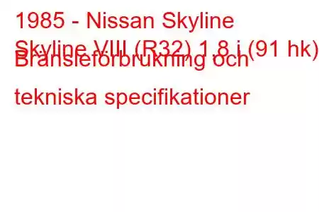 1985 - Nissan Skyline
Skyline VIII (R32) 1,8 i (91 hk) Bränsleförbrukning och tekniska specifikationer