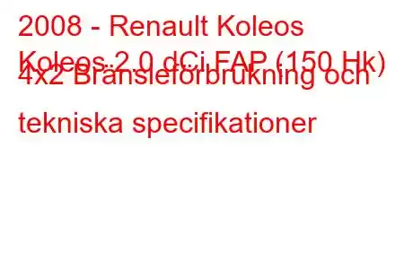 2008 - Renault Koleos
Koleos 2.0 dCi FAP (150 Hk) 4x2 Bränsleförbrukning och tekniska specifikationer