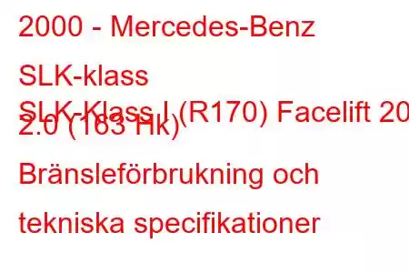 2000 - Mercedes-Benz SLK-klass
SLK-Klass I (R170) Facelift 200 2.0 (163 Hk) Bränsleförbrukning och tekniska specifikationer