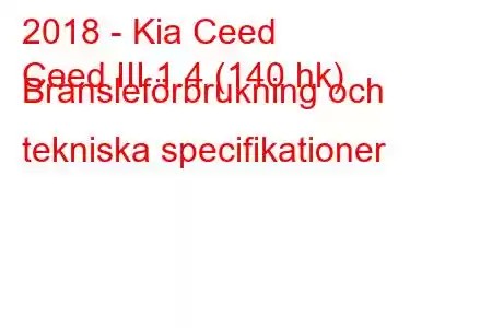 2018 - Kia Ceed
Ceed III 1.4 (140 hk) Bränsleförbrukning och tekniska specifikationer