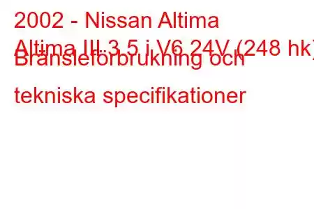 2002 - Nissan Altima
Altima III 3.5 i V6 24V (248 hk) Bränsleförbrukning och tekniska specifikationer