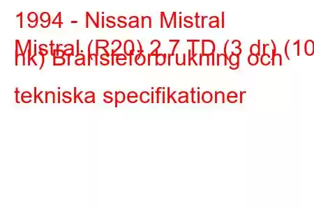 1994 - Nissan Mistral
Mistral (R20) 2,7 TD (3 dr) (100 hk) Bränsleförbrukning och tekniska specifikationer