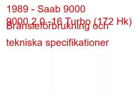 1989 - Saab 9000
9000 2.0 -16 Turbo (172 Hk) Bränsleförbrukning och tekniska specifikationer