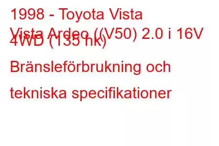 1998 - Toyota Vista
Vista Ardeo ((V50) 2.0 i 16V 4WD (135 hk) Bränsleförbrukning och tekniska specifikationer