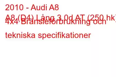 2010 - Audi A8
A8 (D4) Lång 3.0d AT (250 hk) 4x4 Bränsleförbrukning och tekniska specifikationer