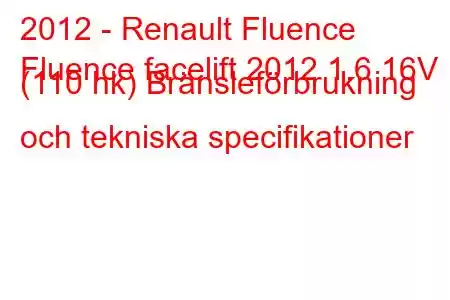 2012 - Renault Fluence
Fluence facelift 2012 1.6 16V (110 hk) Bränsleförbrukning och tekniska specifikationer