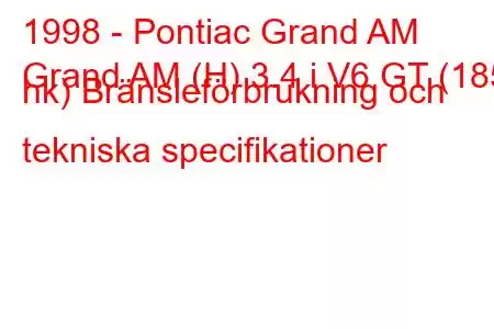 1998 - Pontiac Grand AM
Grand AM (H) 3.4 i V6 GT (185 hk) Bränsleförbrukning och tekniska specifikationer