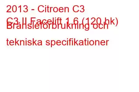 2013 - Citroen C3
C3 II Facelift 1,6 (120 hk) Bränsleförbrukning och tekniska specifikationer