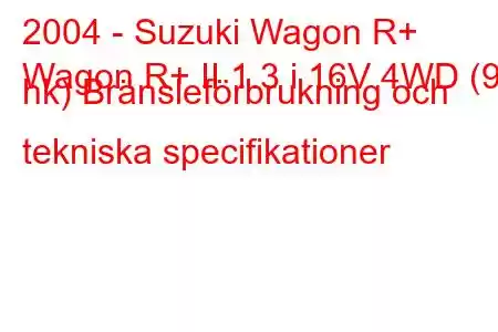 2004 - Suzuki Wagon R+
Wagon R+ II 1.3 i 16V 4WD (93 hk) Bränsleförbrukning och tekniska specifikationer