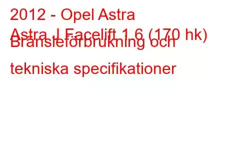 2012 - Opel Astra
Astra J Facelift 1.6 (170 hk) Bränsleförbrukning och tekniska specifikationer