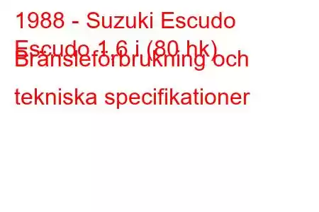 1988 - Suzuki Escudo
Escudo 1,6 i (80 hk) Bränsleförbrukning och tekniska specifikationer