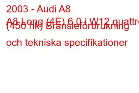 2003 - Audi A8
A8 Long (4E) 6.0 i W12 quattro (450 hk) Bränsleförbrukning och tekniska specifikationer