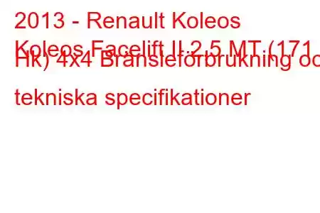 2013 - Renault Koleos
Koleos Facelift II 2,5 MT (171 Hk) 4x4 Bränsleförbrukning och tekniska specifikationer