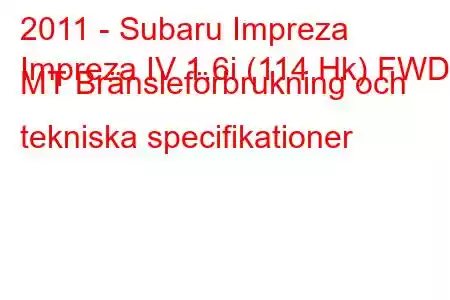 2011 - Subaru Impreza
Impreza IV 1.6i (114 Hk) FWD MT Bränsleförbrukning och tekniska specifikationer