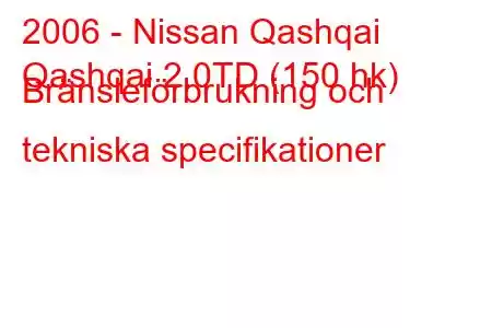 2006 - Nissan Qashqai
Qashqai 2.0TD (150 hk) Bränsleförbrukning och tekniska specifikationer