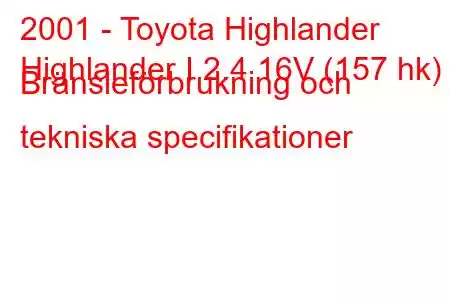 2001 - Toyota Highlander
Highlander I 2.4 16V (157 hk) Bränsleförbrukning och tekniska specifikationer