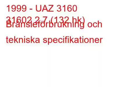 1999 - UAZ 3160
31602 2,7 (132 hk) Bränsleförbrukning och tekniska specifikationer