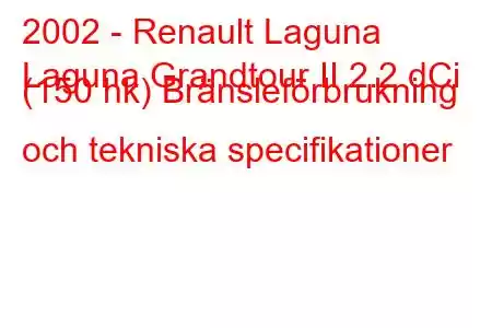 2002 - Renault Laguna
Laguna Grandtour II 2.2 dCi (150 hk) Bränsleförbrukning och tekniska specifikationer