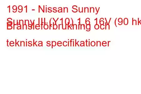 1991 - Nissan Sunny
Sunny III (Y10) 1,6 16V (90 hk) Bränsleförbrukning och tekniska specifikationer