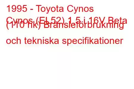 1995 - Toyota Cynos
Cynos (EL52) 1,5 i 16V Beta (110 hk) Bränsleförbrukning och tekniska specifikationer