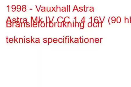 1998 - Vauxhall Astra
Astra Mk IV CC 1.4 16V (90 hk) Bränsleförbrukning och tekniska specifikationer