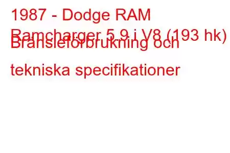 1987 - Dodge RAM
Ramcharger 5.9 i V8 (193 hk) Bränsleförbrukning och tekniska specifikationer