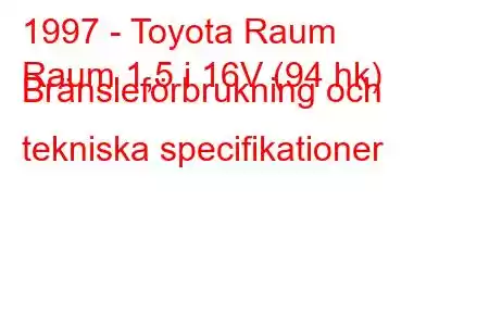 1997 - Toyota Raum
Raum 1,5 i 16V (94 hk) Bränsleförbrukning och tekniska specifikationer