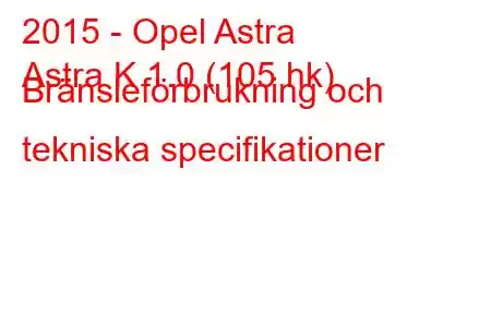 2015 - Opel Astra
Astra K 1.0 (105 hk) Bränsleförbrukning och tekniska specifikationer