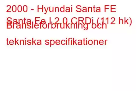 2000 - Hyundai Santa FE
Santa Fe I 2.0 CRDi (112 hk) Bränsleförbrukning och tekniska specifikationer