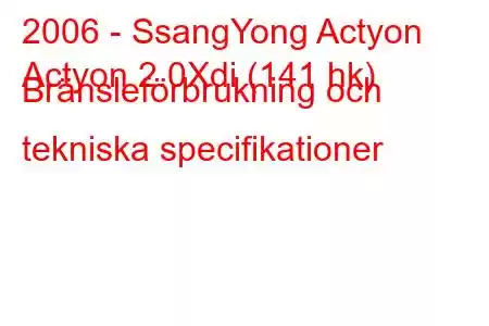 2006 - SsangYong Actyon
Actyon 2.0Xdi (141 hk) Bränsleförbrukning och tekniska specifikationer