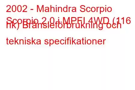 2002 - Mahindra Scorpio
Scorpio 2.0 i MPFI 4WD (116 hk) Bränsleförbrukning och tekniska specifikationer