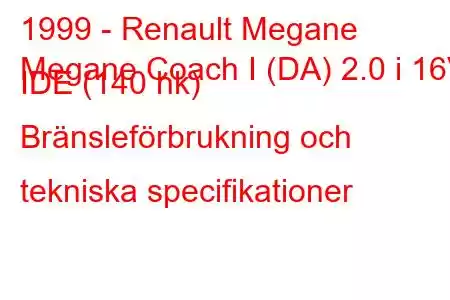 1999 - Renault Megane
Megane Coach I (DA) 2.0 i 16V IDE (140 hk) Bränsleförbrukning och tekniska specifikationer