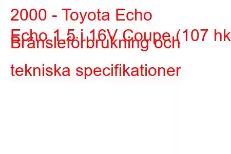 2000 - Toyota Echo
Echo 1.5 i 16V Coupe (107 hk) Bränsleförbrukning och tekniska specifikationer