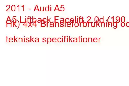 2011 - Audi A5
A5 Liftback Facelift 2.0d (190 Hk) 4x4 Bränsleförbrukning och tekniska specifikationer