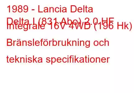 1989 - Lancia Delta
Delta I (831 Abo) 2.0 HF Integrale 16V 4WD (196 Hk) Bränsleförbrukning och tekniska specifikationer