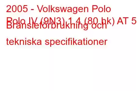 2005 - Volkswagen Polo
Polo IV (9N3) 1,4 (80 hk) AT 5d Bränsleförbrukning och tekniska specifikationer