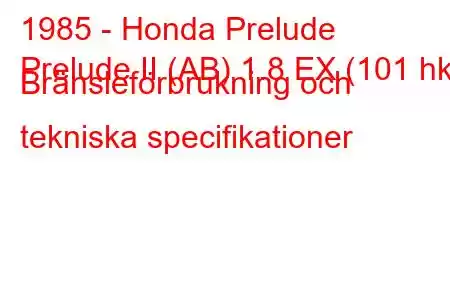 1985 - Honda Prelude
Prelude II (AB) 1.8 EX (101 hk) Bränsleförbrukning och tekniska specifikationer