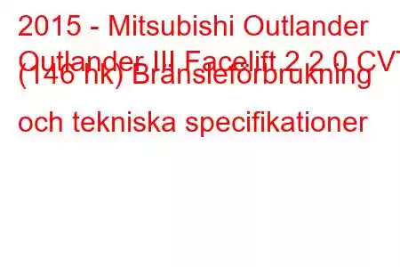 2015 - Mitsubishi Outlander
Outlander III Facelift 2 2.0 CVT (146 hk) Bränsleförbrukning och tekniska specifikationer