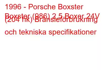 1996 - Porsche Boxster
Boxster (986) 2,5 Boxer 24V (204 hk) Bränsleförbrukning och tekniska specifikationer